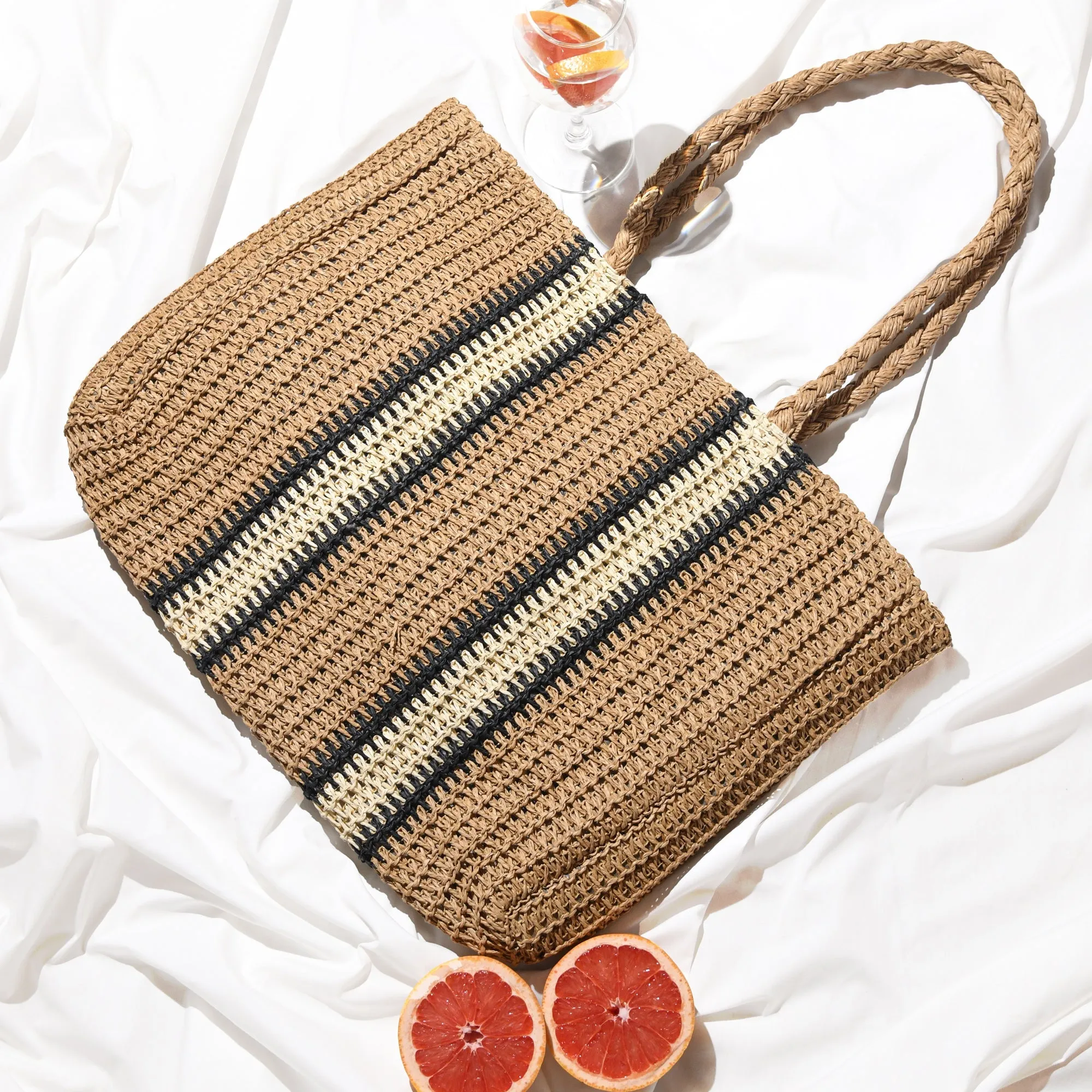 Accessorize London Women's Faux Leather Double stripe beach shopper bag