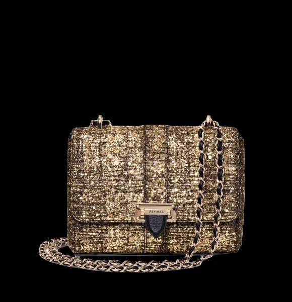 Aspinal Of London Black Lottie Gold Glitter Tweed and pebbled leather crossbody Bag