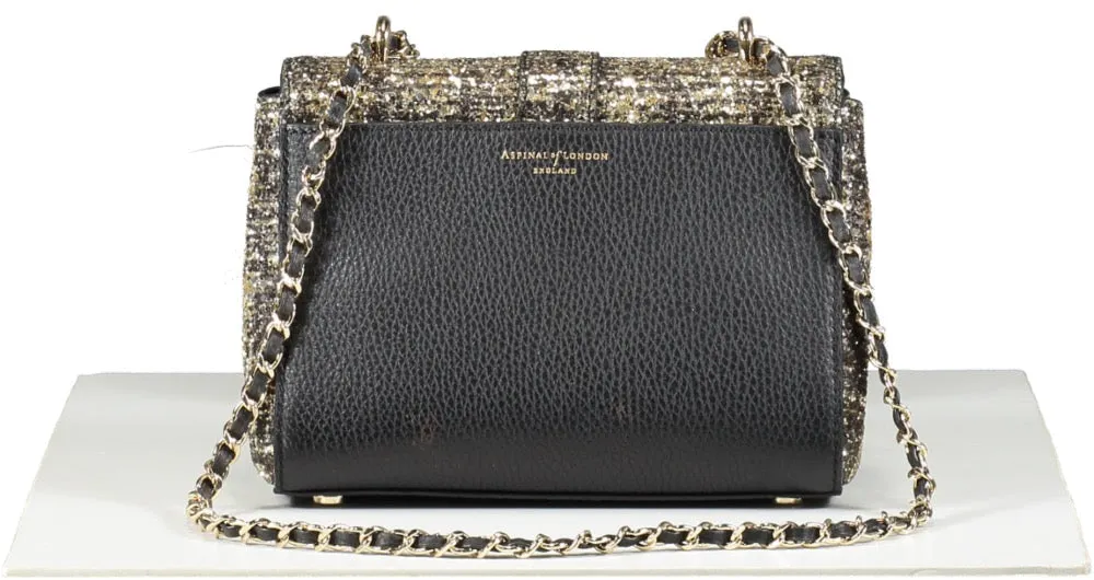 Aspinal Of London Black Lottie Gold Glitter Tweed and pebbled leather crossbody Bag