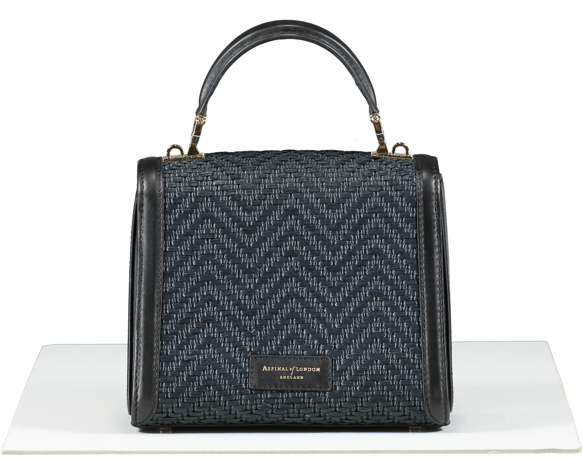 Aspinal Of London Midi Mayfair Bag Black Chevron Raffia & Smooth Black