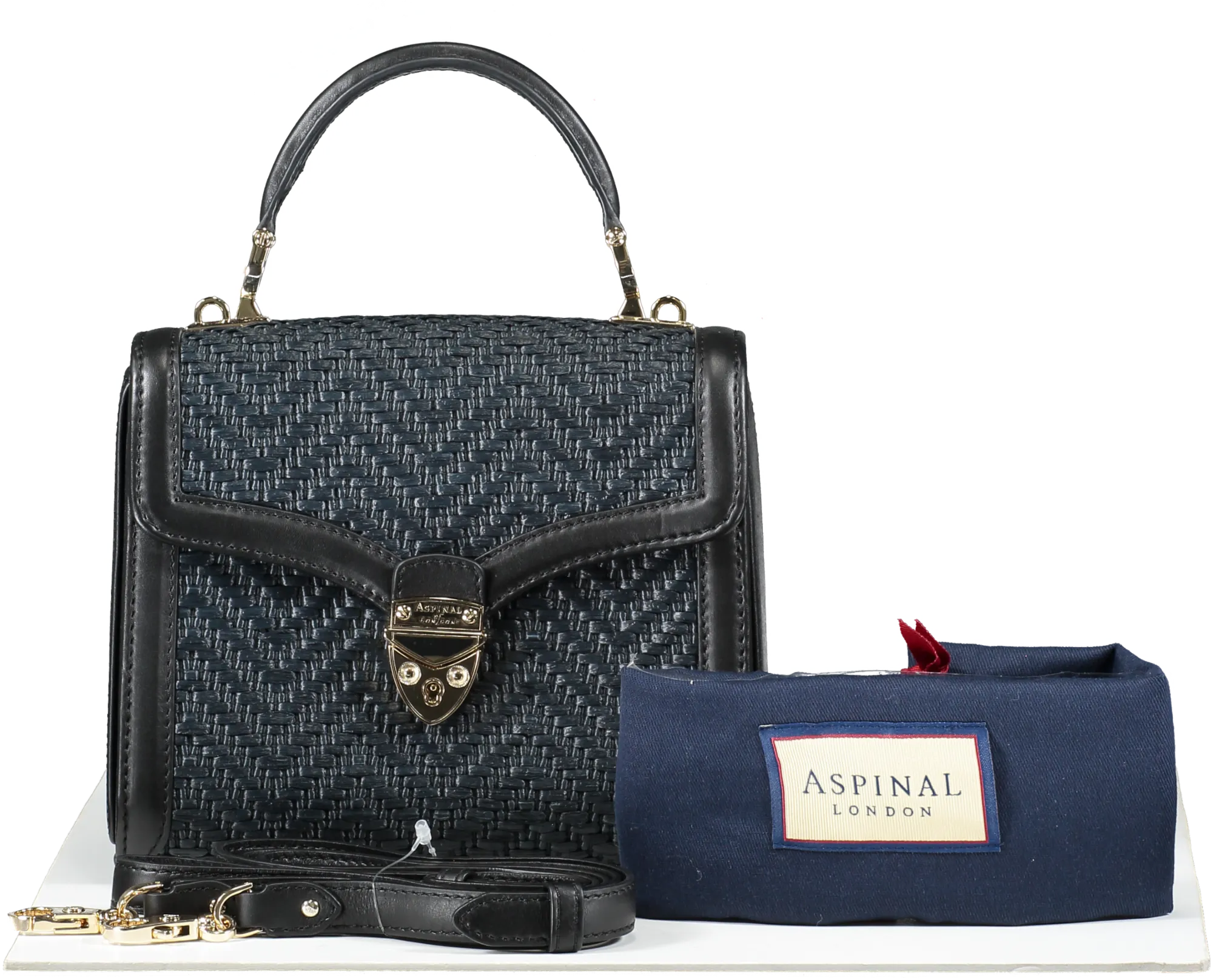 Aspinal Of London Midi Mayfair Bag Black Chevron Raffia & Smooth Black