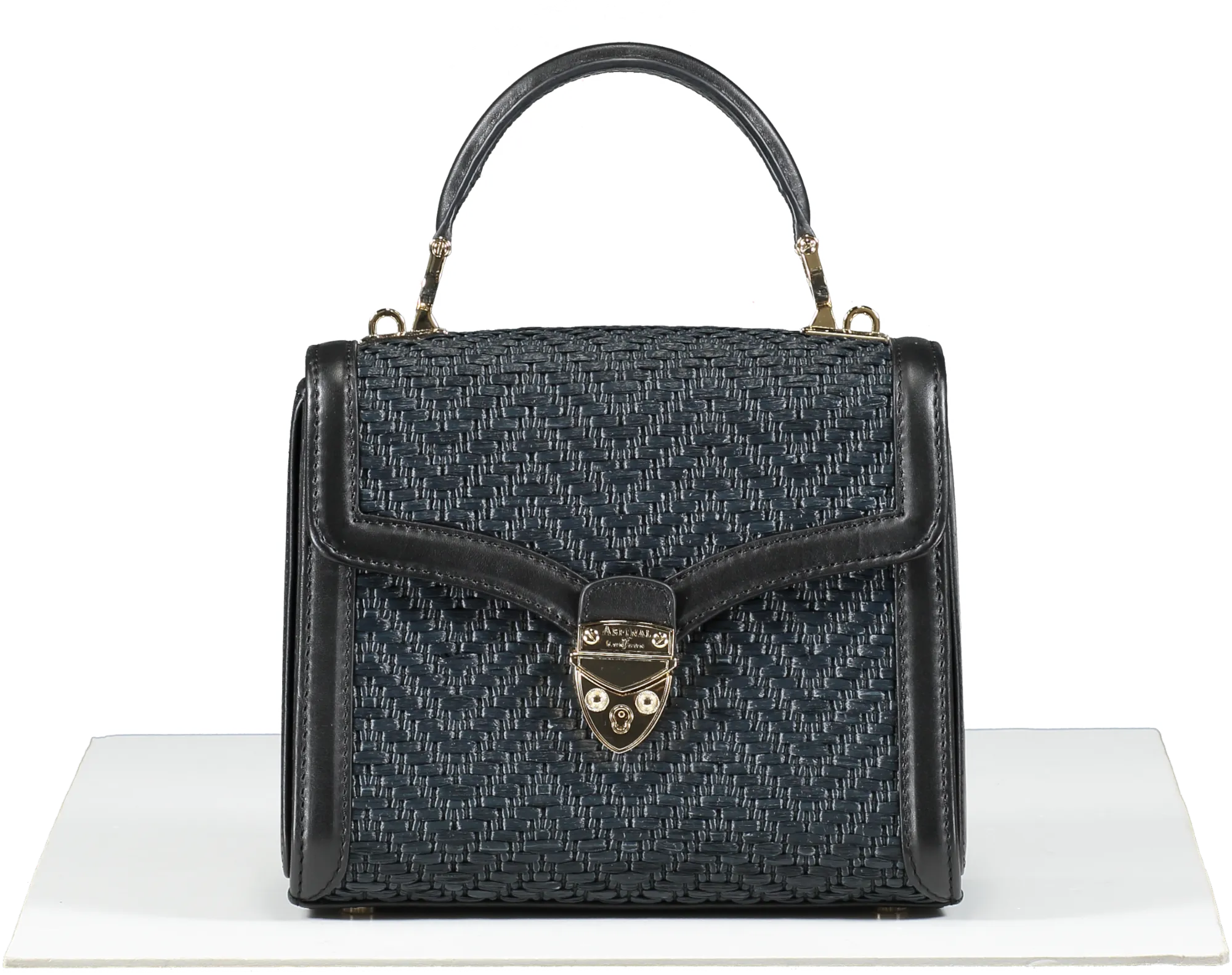 Aspinal Of London Midi Mayfair Bag Black Chevron Raffia & Smooth Black