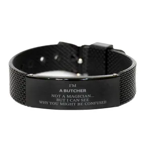 Badass Butcher Gifts, I'm Butcher not a magician, Sarcastic Black Shark Mesh Bracelet for Butcher Birthday Christmas for  Men, Women, Friends, Coworkers