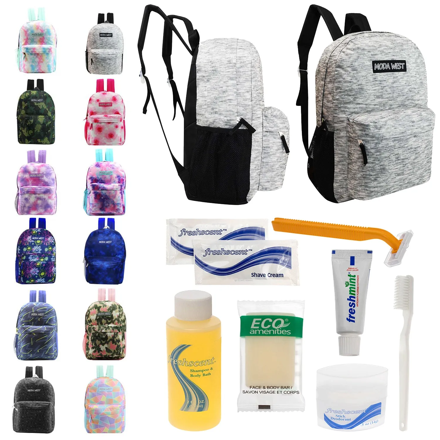 Bulk Case of 12 Backpacks and 12 Hygiene & Toiletries Kit - Wholesale Care Package - Disaster Relief Kit, Homeless, Charity