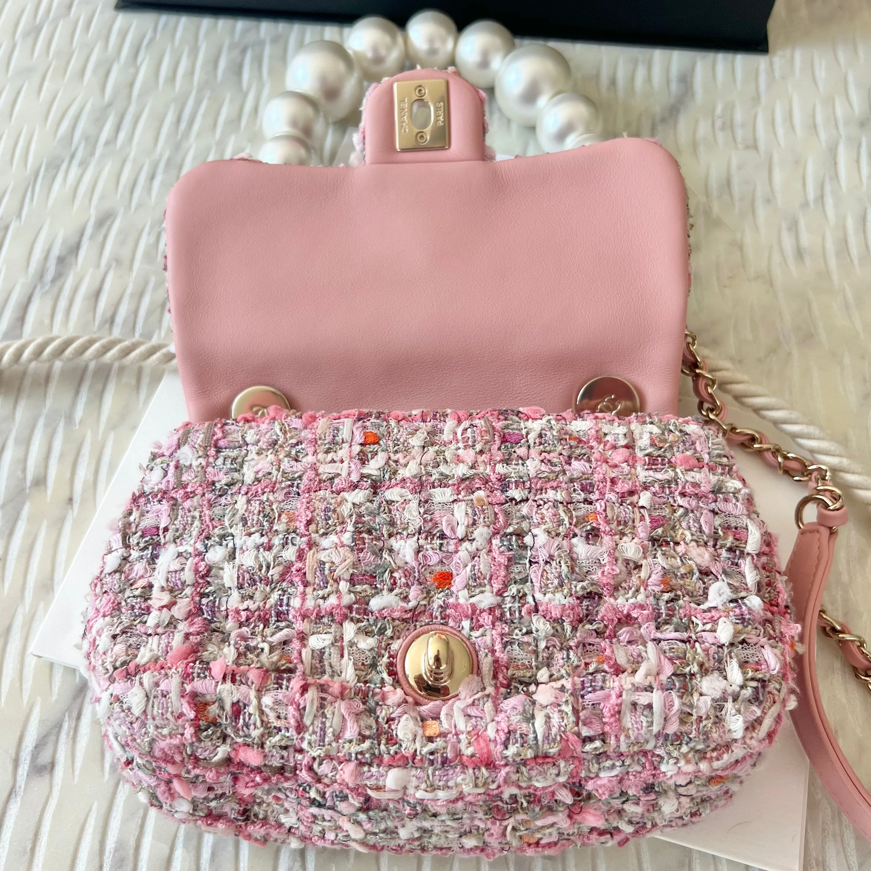 Chanel Mini Pearl Handle Flap Bag in Pink Tweed