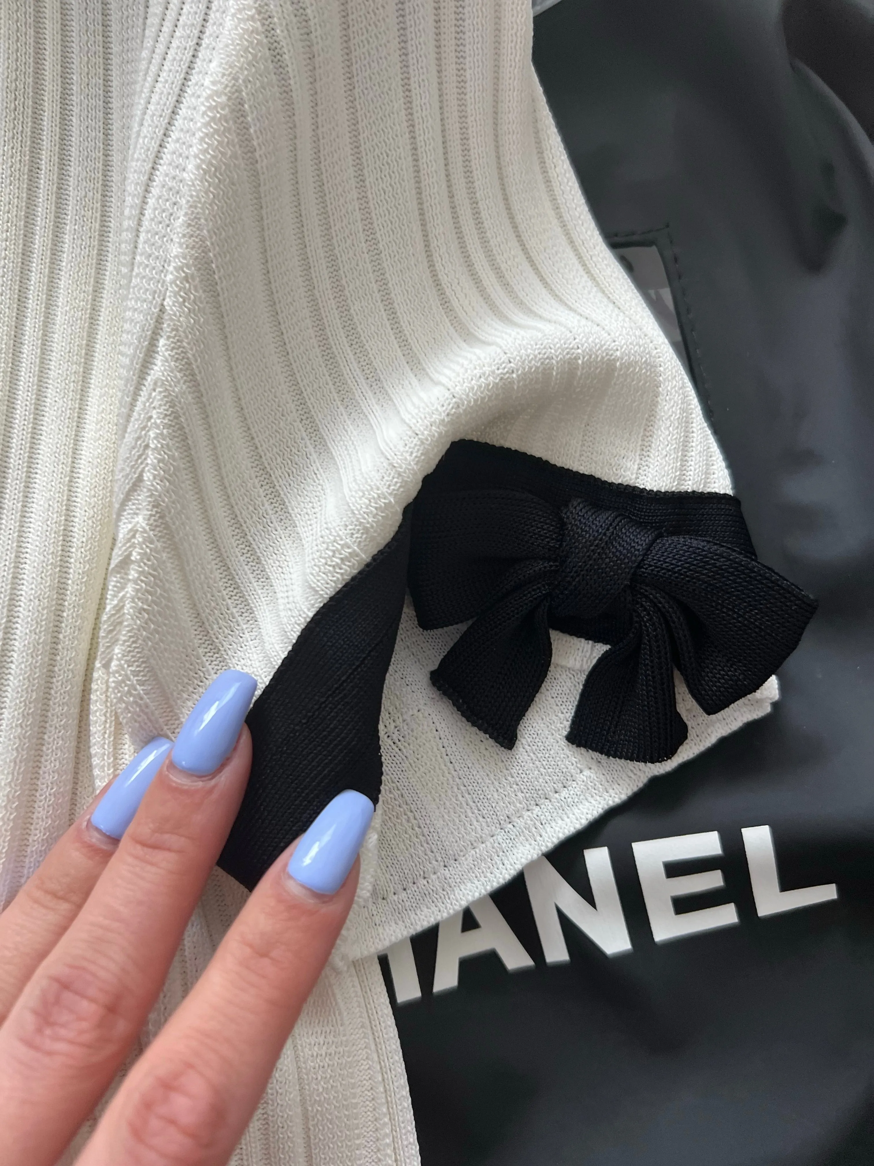 Chanel Rib Knit Pleated Bow Dress