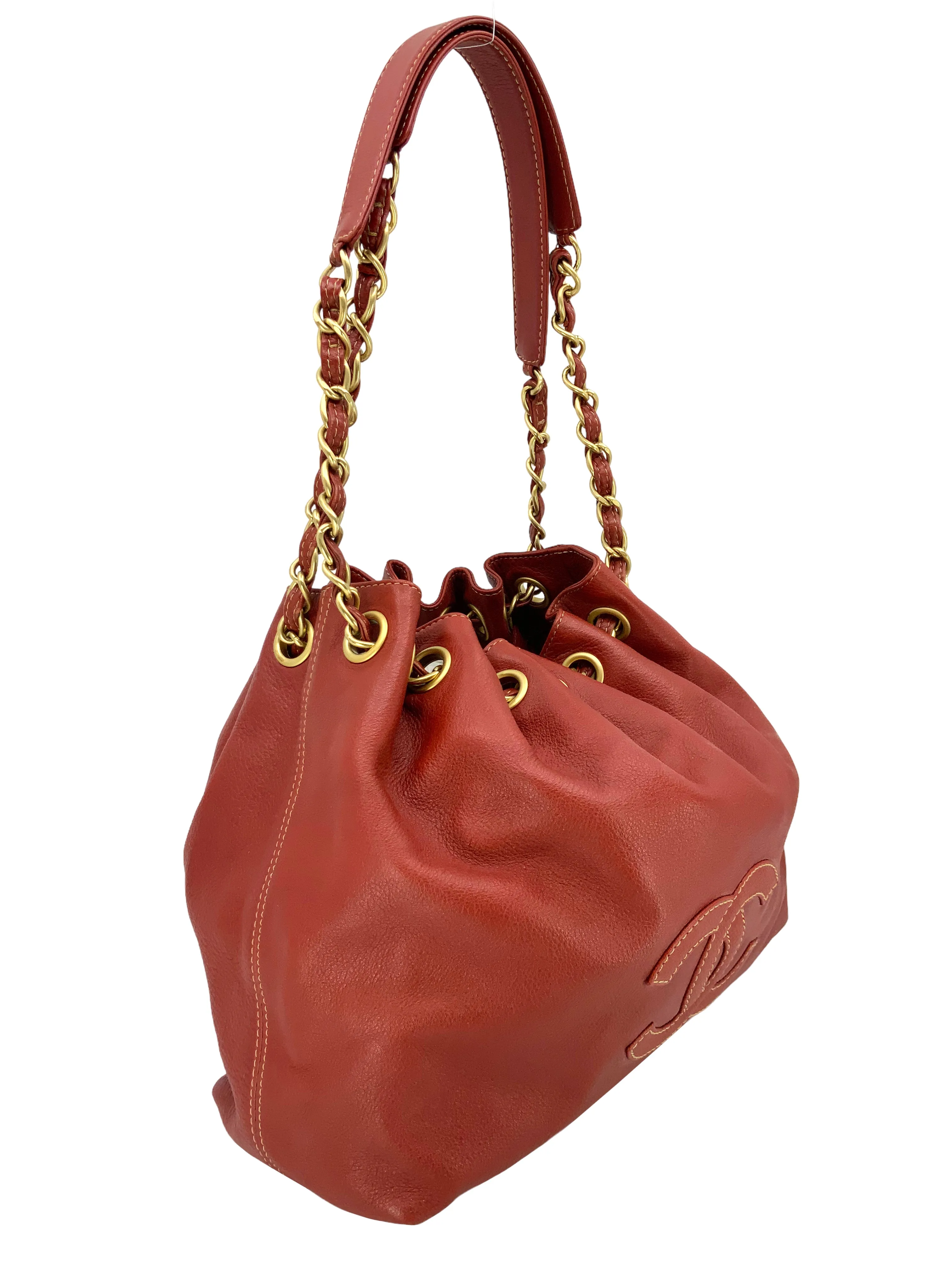 Vintage CHANEL Leather Bucket Shoulder Bag with Drawstring Closure