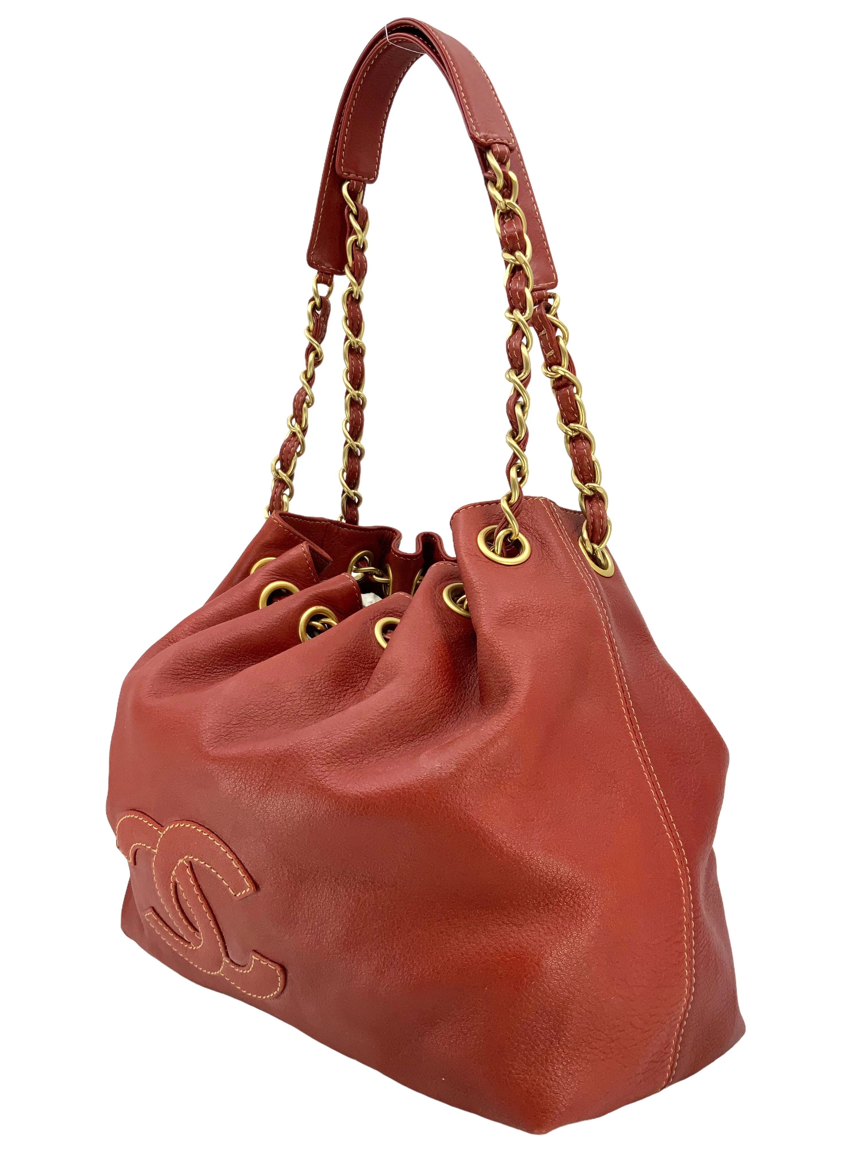 Vintage CHANEL Leather Bucket Shoulder Bag with Drawstring Closure