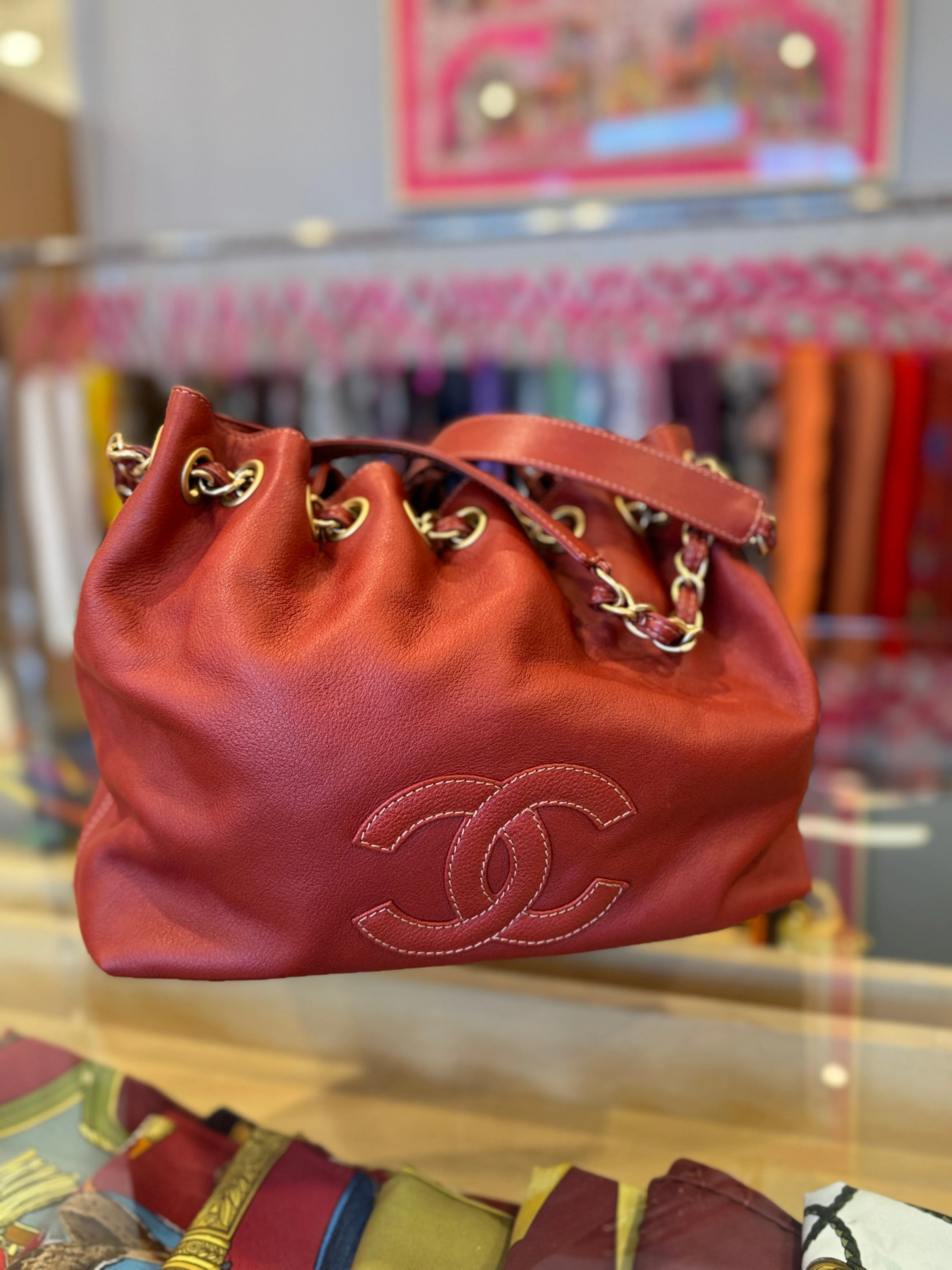 Vintage CHANEL Leather Bucket Shoulder Bag with Drawstring Closure