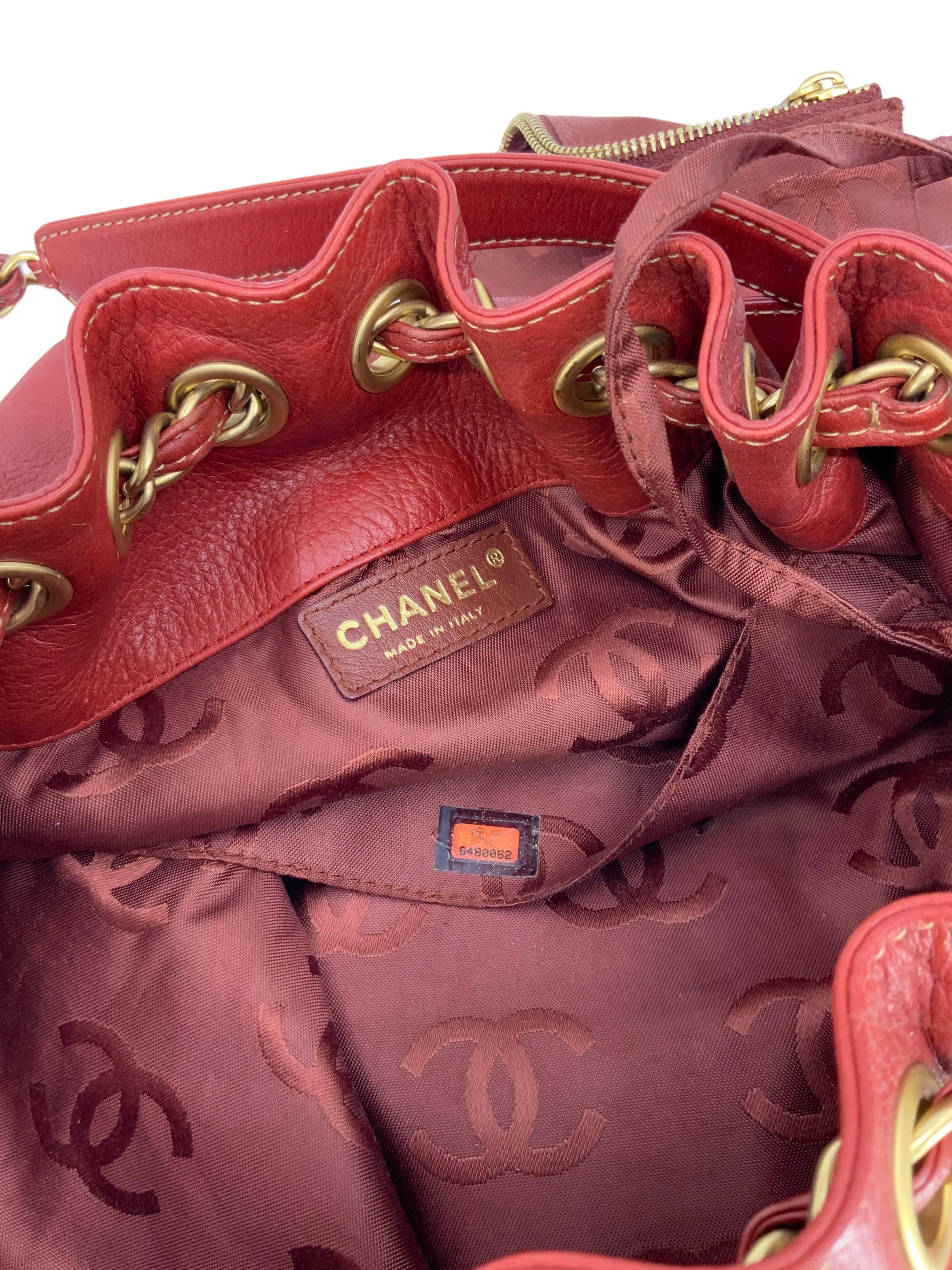 Vintage CHANEL Leather Bucket Shoulder Bag with Drawstring Closure