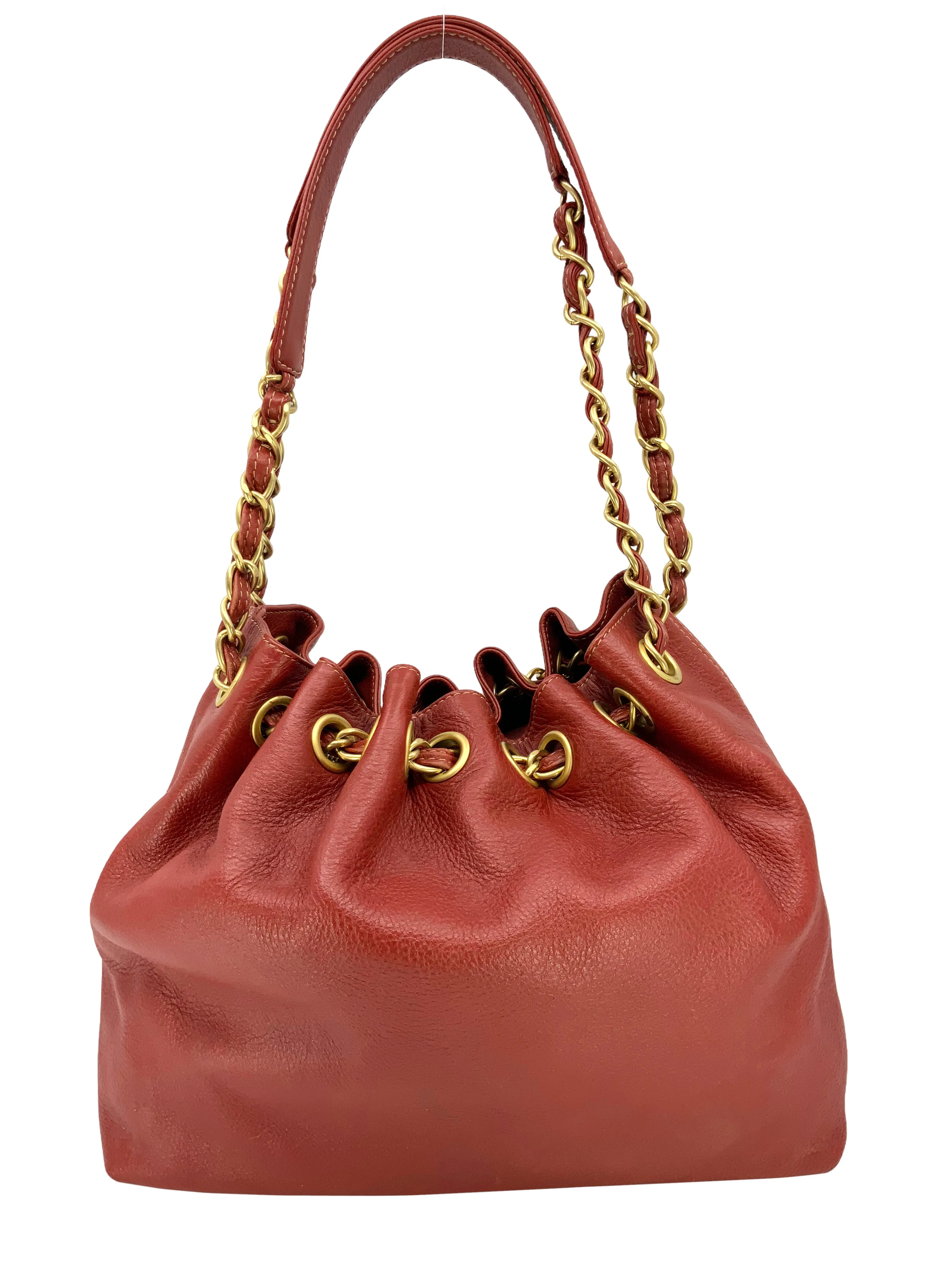 Vintage CHANEL Leather Bucket Shoulder Bag with Drawstring Closure