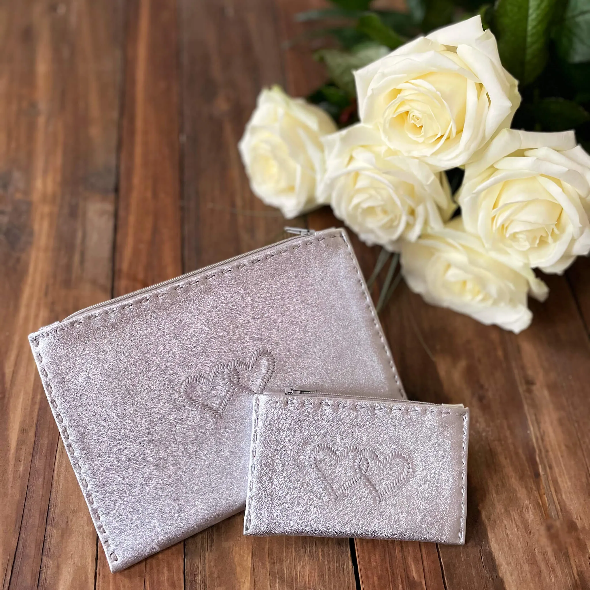 Embroidered Leather Pouch *Love Edition* in Silver