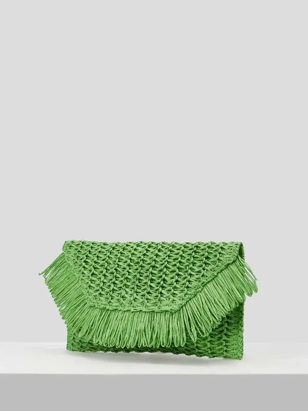 Fringe Trim Flap Straw Bag