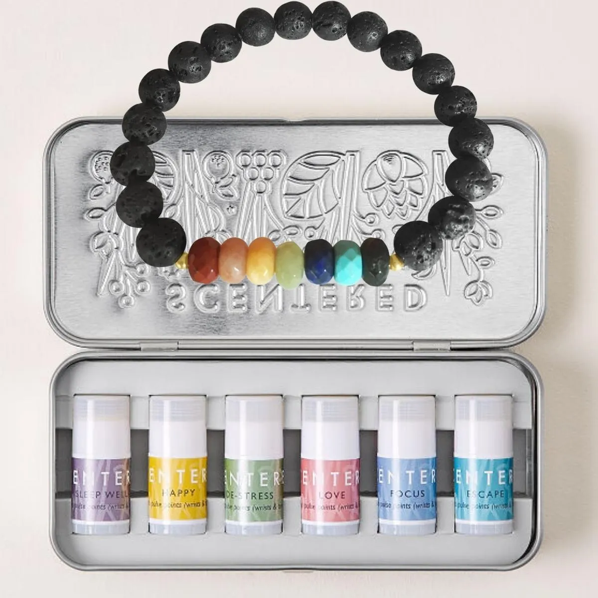 Mindful Aromatherapy Mini Balms with Lava Stone Chakra Bracelet