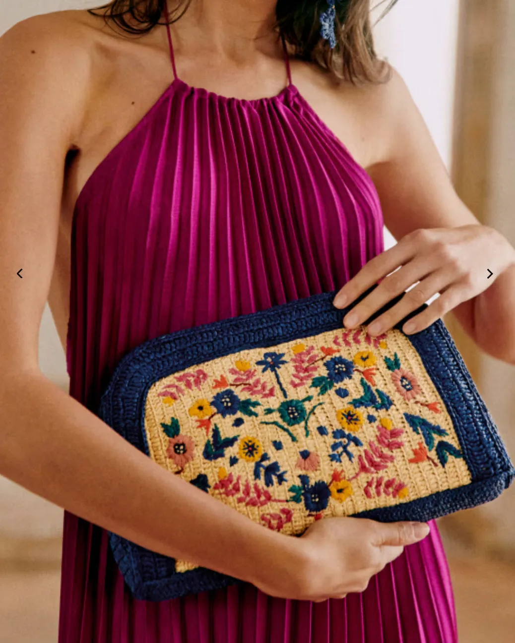 Sezane Multicoloured Carla Pouch - Raphia Broderie Fleurs clutch bag