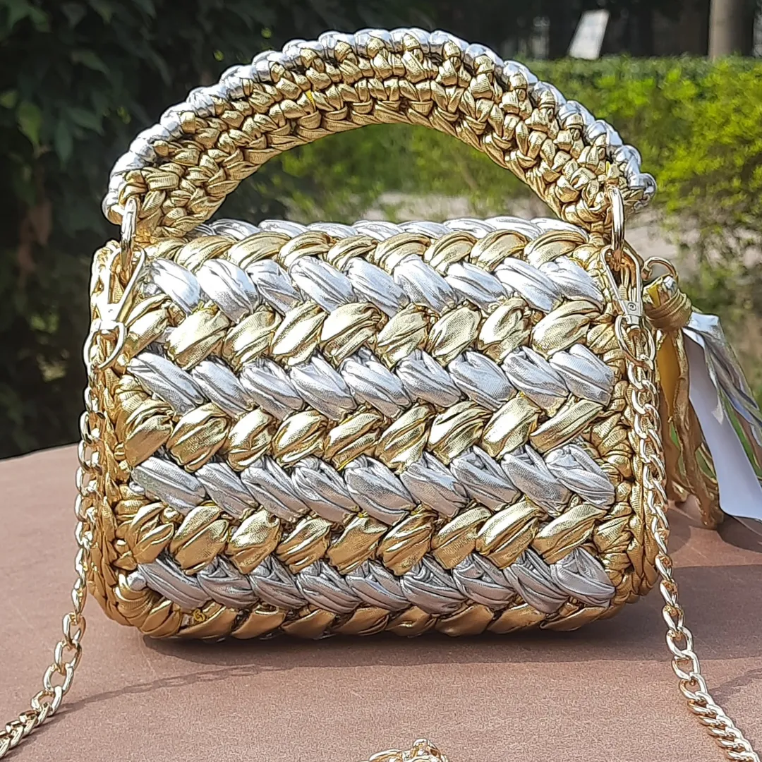 Luxurious Handmade Shiroli Metallic Gold & Silver Designer Bag