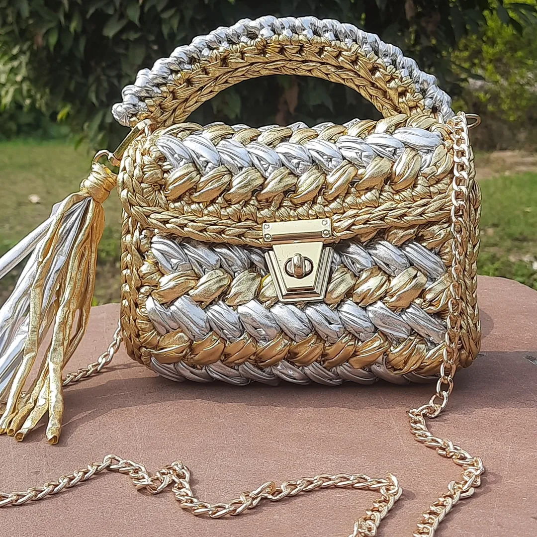 Luxurious Handmade Shiroli Metallic Gold & Silver Designer Bag