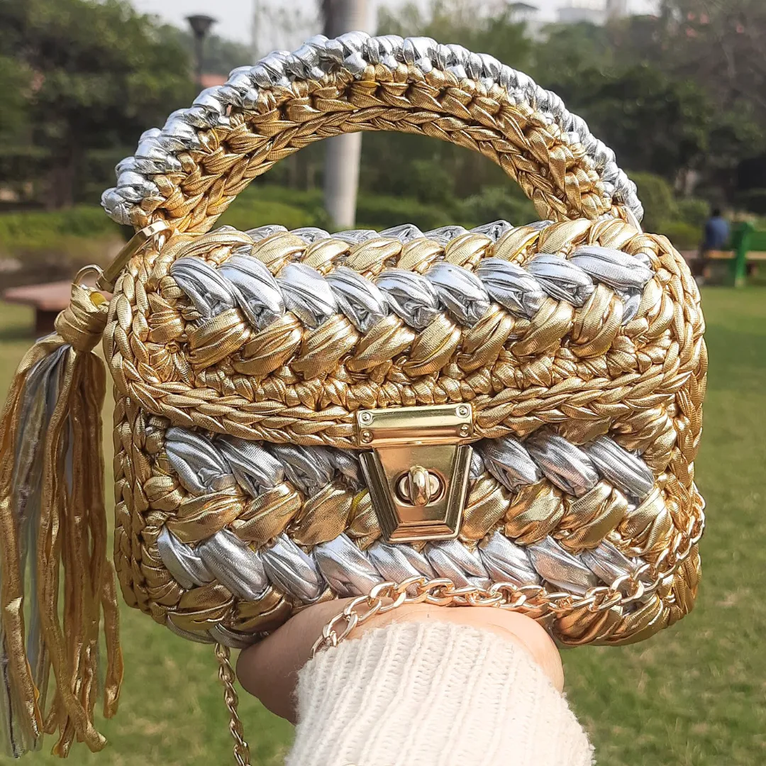 Luxurious Handmade Shiroli Metallic Gold & Silver Designer Bag