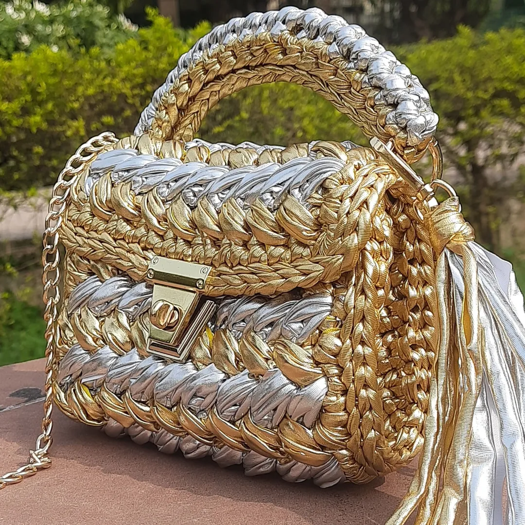 Luxurious Handmade Shiroli Metallic Gold & Silver Designer Bag