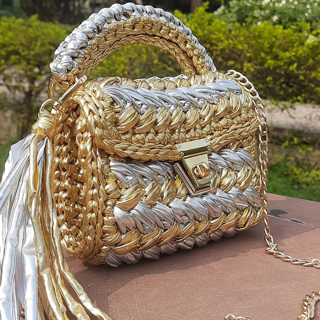 Luxurious Handmade Shiroli Metallic Gold & Silver Designer Bag