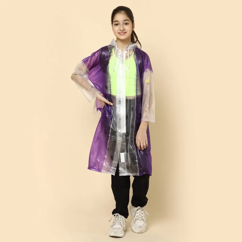 THE CLOWNFISH Archie Series Kids Waterproof PVC Longcoat with Adjustable Hood & Extra Space for Backpack/Schoolbag Holding. Plastic Pouch. Kid Age-12-13 years (Size-42-Purple)