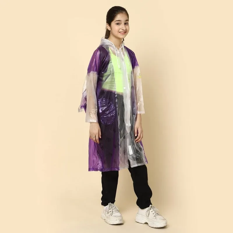 THE CLOWNFISH Archie Series Kids Waterproof PVC Longcoat with Adjustable Hood & Extra Space for Backpack/Schoolbag Holding. Plastic Pouch. Kid Age-12-13 years (Size-42-Purple)