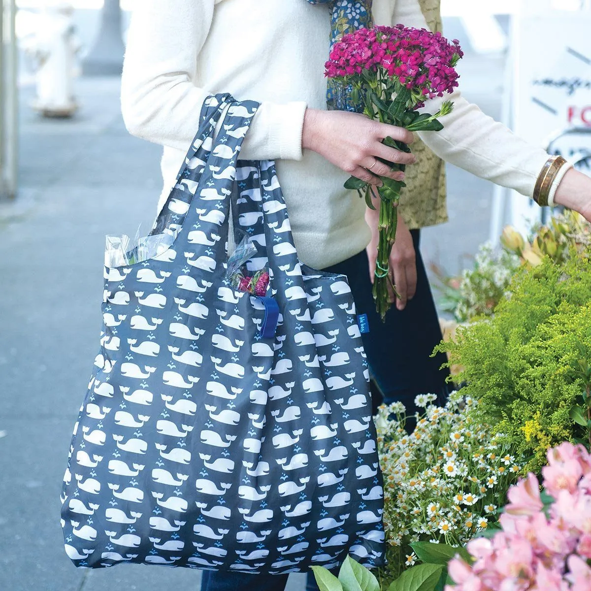 Whales Grey Blu Bag Reusable Shopping Bag=- Machine Washable